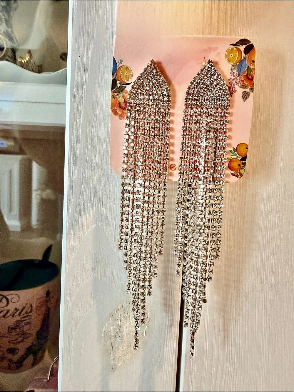 Rhinestone Fringe Earrings in Silver Like New